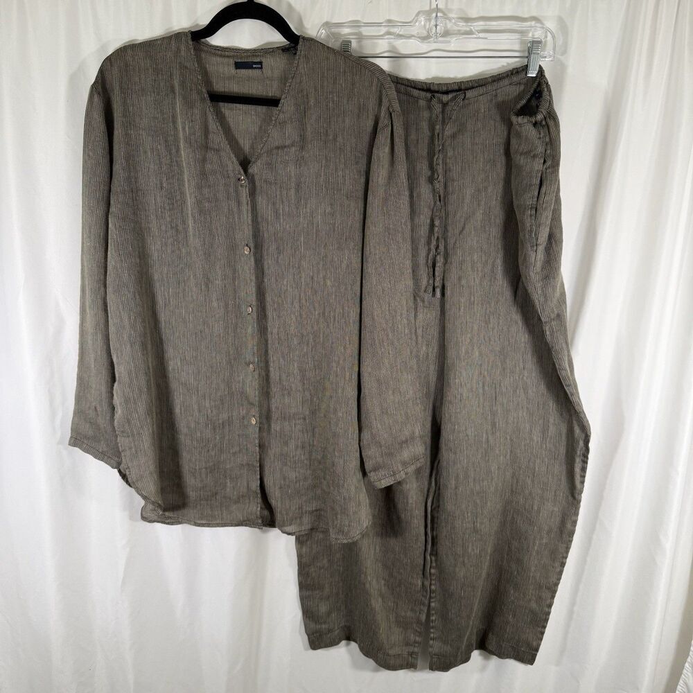 BASCO Blouse & Pant Set Womens Large Green Linen Blend Knit Long Sleeve Swim Cov
